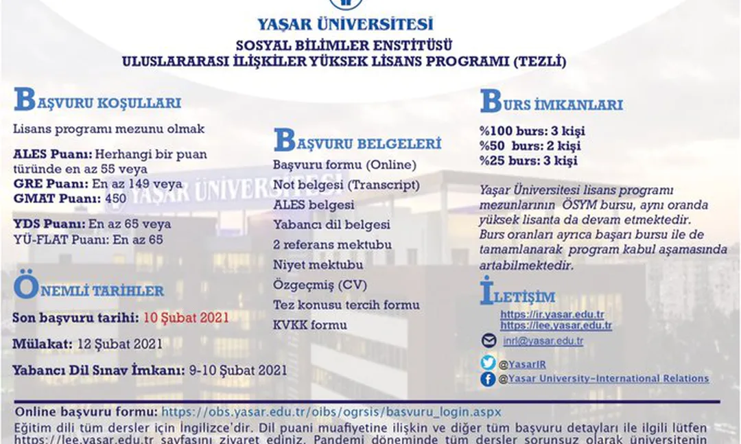 Yaşar Üniversitesi Yüksek Lisans Programları Online Tanıtım Toplantısı