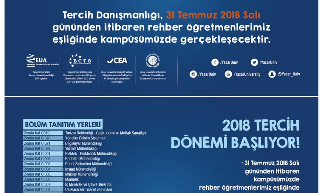 Yaşar Üniversitesi'nde Ücretsiz Tercih Danışmanlığı yarın başlıyor